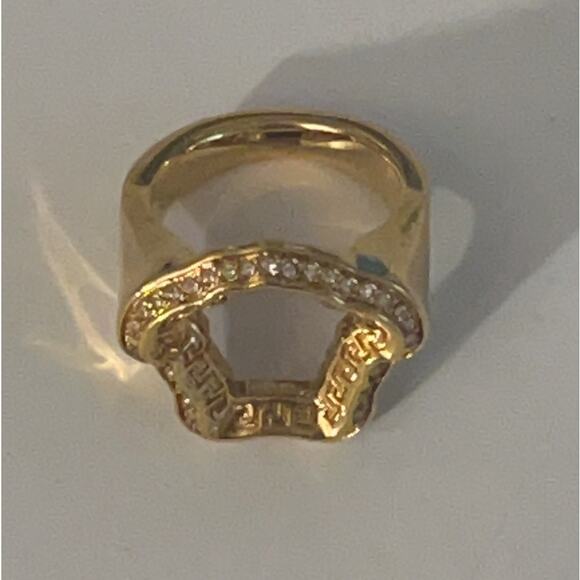 Versace Gold Color Metal & Crystal Medusa Head Curve Ring - SZ 7.25/7.5 - Unisex - Picture 5 of 9